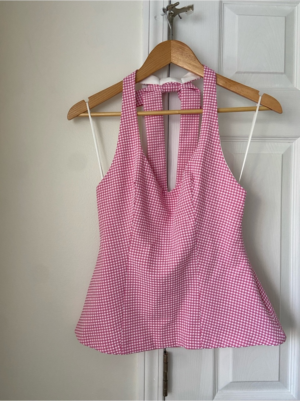 Zara Pink Gingham Halter Bow Knit Top Sz m - Picture 3 of 6
